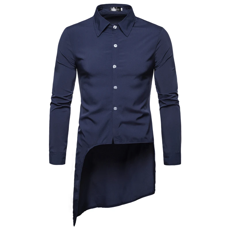 

Plain Color Men's Business Casual Long Sleeved Tuxedo Shirt Streetwear Irregular Lap Male Social Single Breasted Dress Shirt