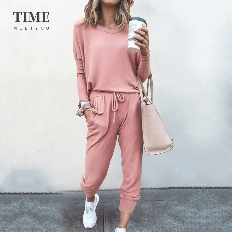 New Womens Loose Solid Color Long Sleeve T-shirts Pants Casual Matching Sets Autumn Winter Lace Up Home Clothes Yoga Street Wear |