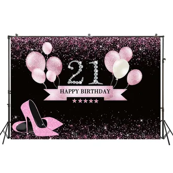 

Sweet 21th Birthday Backdrop Shiny Glitter Pink High Heels Balloon Adults Women Birthday Decor Photo Booth Background W-4533