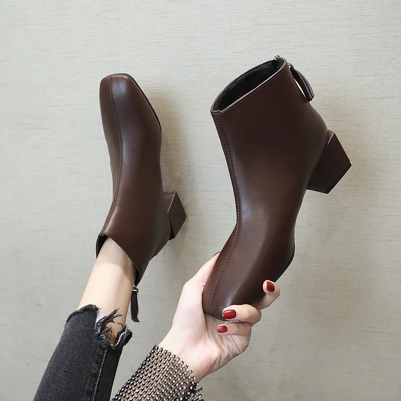 

Women Ankle Boots Square Block Heels 5CM Short Ankle Boots Square Toe Back Zipper Black Brown Khaki Bota Feminina 1016