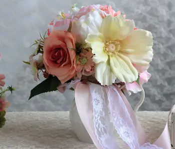 

Bride holding flowers,Romantic Wedding Colorful Bride 's Bouquet,champagne Rose bridal bouquets gerbera Artificial Flowers