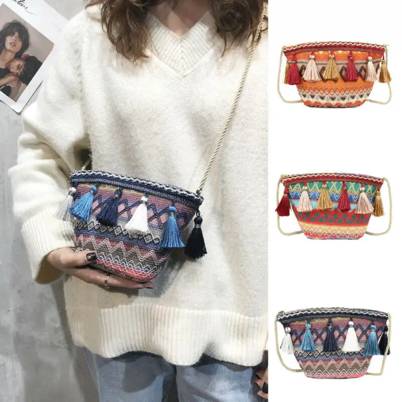 

Bohemian Womens Woven Handbag Shoulder Bags Casual Tote Straw Wicker Crossbody Bags Vintage Travel Mini Messenger Bag