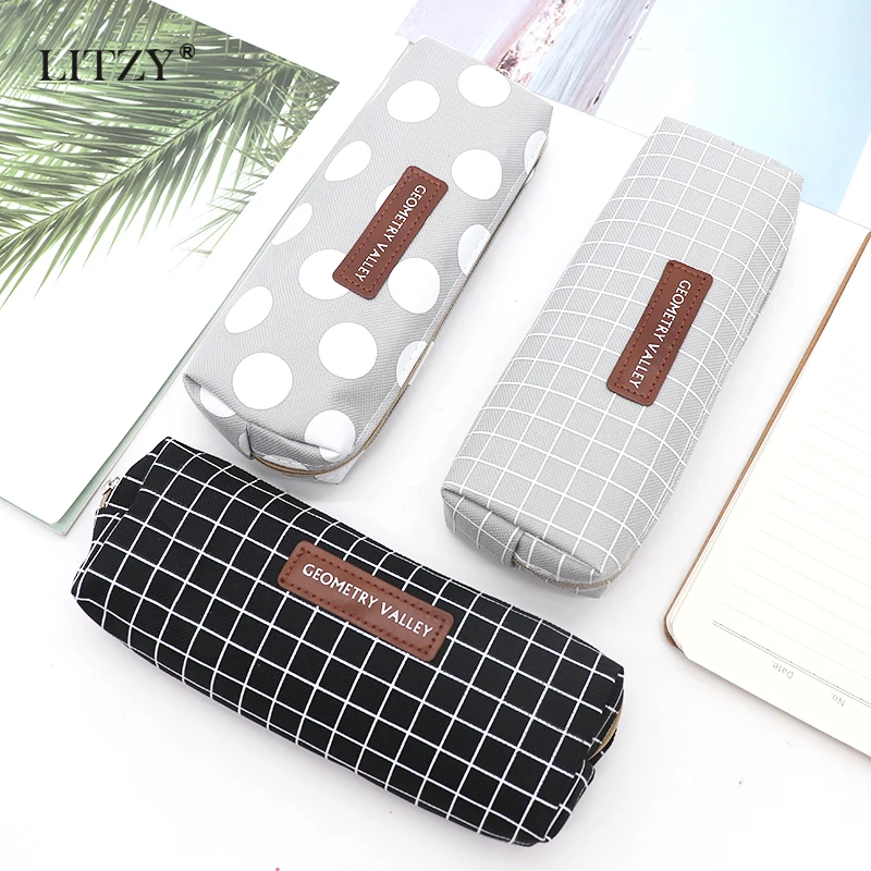 

Simple Plaid Dot Solid Color Pencil Case Quality Canvas Pencilcase School Supplies Cute Stationery School Pencil Box Pen Bags