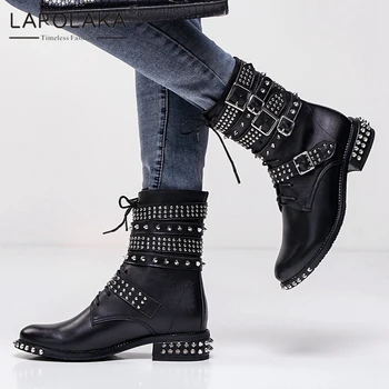 

Lapolaka 2021 Fashion Motorcycle Boots Woman Shoes Genuine Cow Leather Rivet INS Hot Top Quality Luxury Booties Ladies