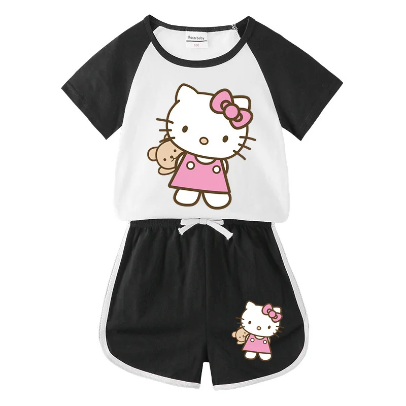Hello Kitty-ropa de algodón con dibujos animados para niña, pantalones calientes para bebé, camiseta de manga corta, pantalones cortos, conjunto deportivo de dos piezas, novedad de verano