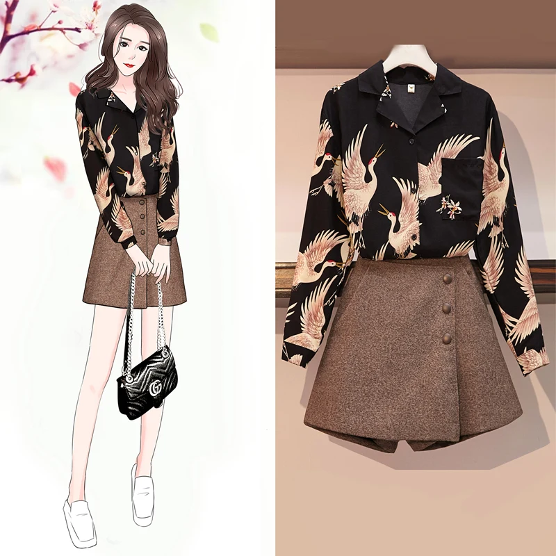 

HAMALIEL Women Two Piece Set Autumn Black Swan Print Chiffon Turn Down Collar Loose Shirt Tops + Plus Size Short Tweed Skirt Set