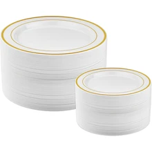 Złote plastikowe talerze-25 płytkie talerze i 25 talerzy sałatkowych Party plastikowe talerze jednorazowe talerze na imprezę tanie tanio CN (pochodzenie)