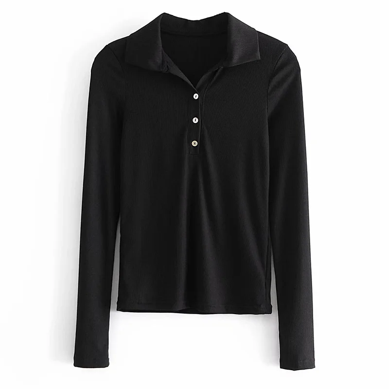 

New Women Fashion Ribbing POLO Shirt Sweater Spring/Autumn Black Long Sleeve Slim Knitted Chic Tops DWDD87283
