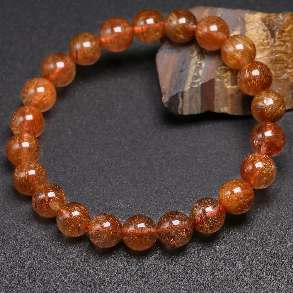 AAA Natural Red Copper Rutilated Quartz Bracelet Smooth Round Beaded Bracelets Women Men Gem Fine Jewelry