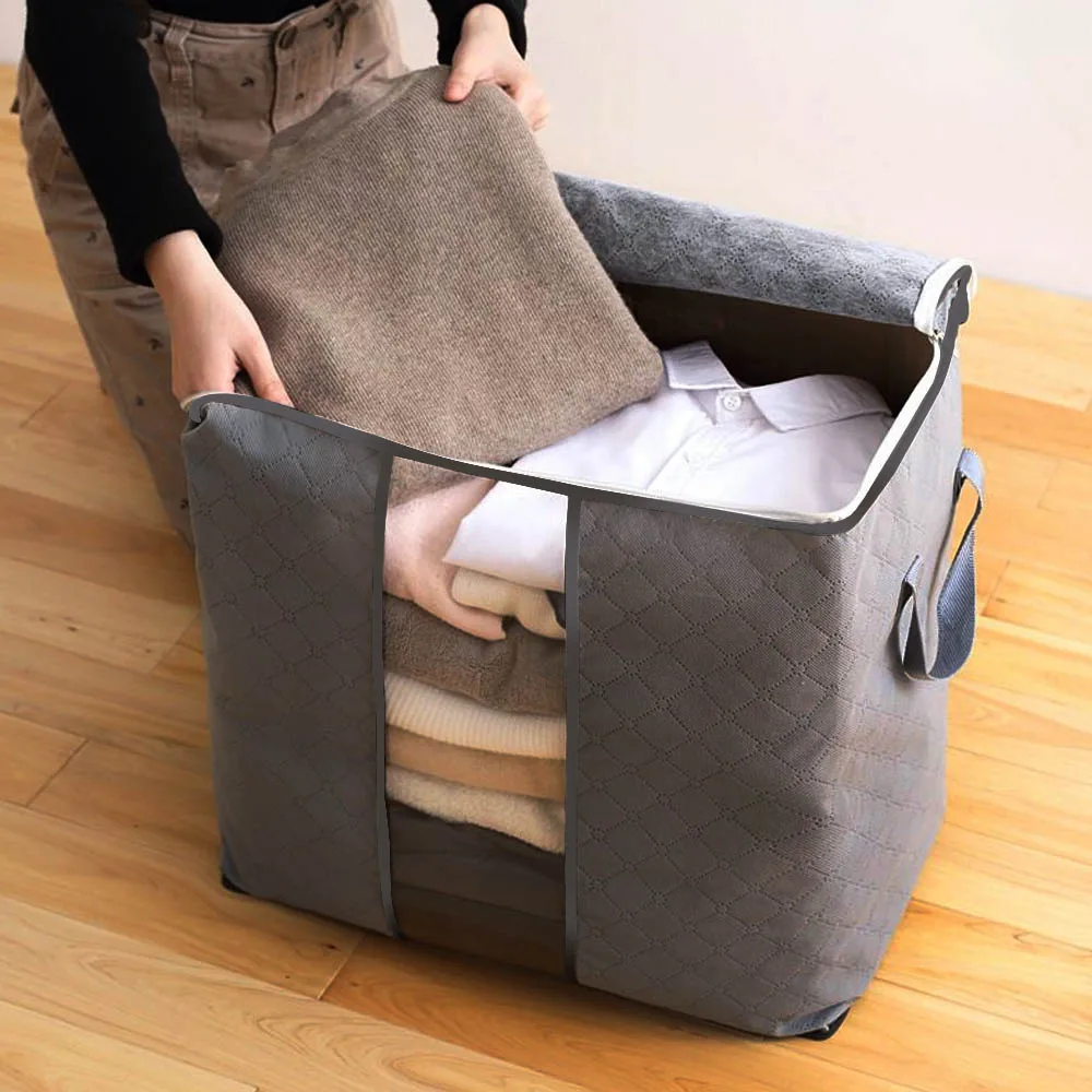 Bolsa de almacenamiento de edredón Extra grande, bolsa de almacenamiento de ropa con asas, portátil, a prueba de polvo, con cremallera, no tejida, 60x42x36cm