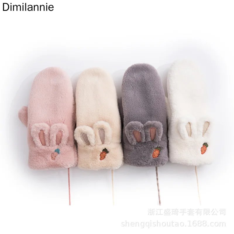 

New Fashion Knitting Cute Rabbit Winter Gloves Women Plus Velvet to Keep Warm Pink Gloves for Woman