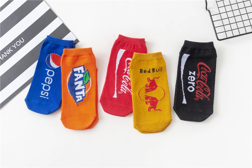 Мужские носки с забавными рисунками, летние модные короткие носки, унисекс, Harajuku Cola, Спортивные Носки с рисунком