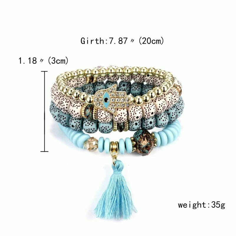 Vintage Bohemian Charm Bracelet Set with Natural Stone Beads and Tassel Pendants - 4 Pieces