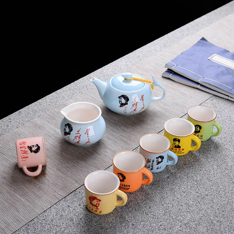 

Classic nostalgic color tea set 1 pot 6cup 1chahai, retro imitation enamel teapot cup revolutionary memorial pattern Drinkware