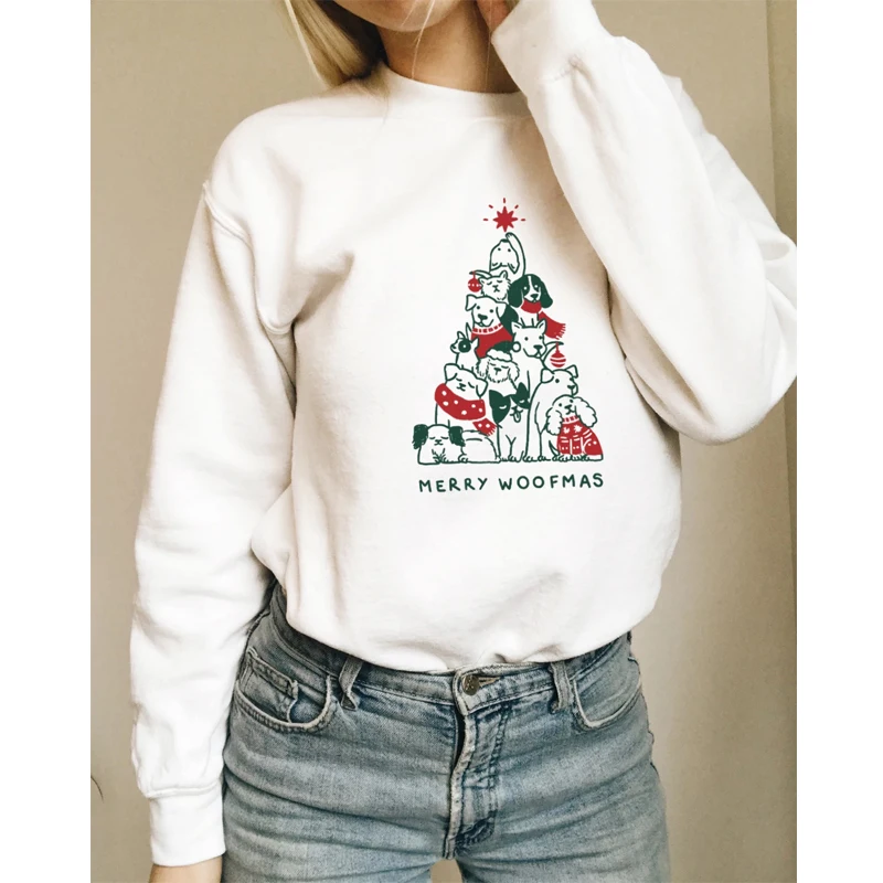 Merry Woofmas, цветная Толстовка с принтом, забавные женские рождественские праздники, подарочные пуловеры, милые собаки, графические толстовки, наряды