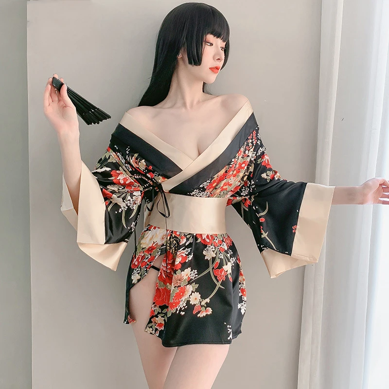 Sexy Nightgown V-Neck Print Pajamas Cosplay Uniform Japanese Kimono Suit Skirt Women Cardigan Geisha Robe Vintage Clothes | Женская