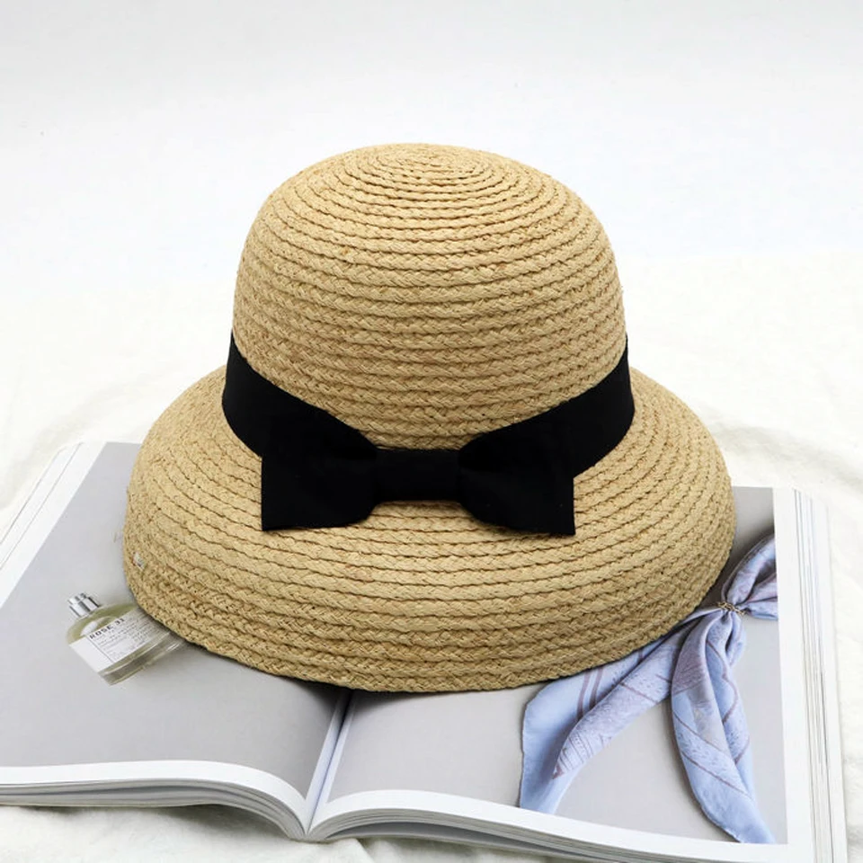 

Summer Elegant Raffia Bucket Hat With Bow Fashion Handmade Raffia Straw Hat Women Fisherman Sun Hat Holiday Basin Beach Hat
