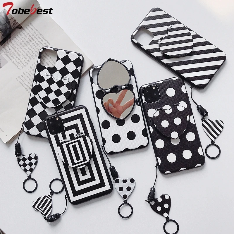 

Geometric Phone Cases For iPhone 11 pro XS Max XR X 8 7 6 6S Plus Case Wave Point Mirror Soft Silicone Back Cover Lanyard Black