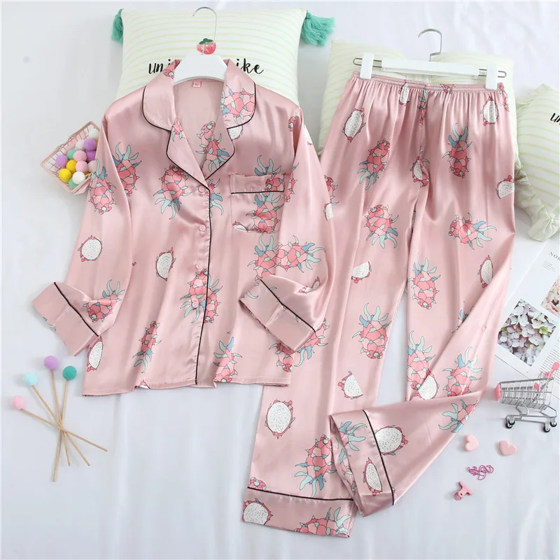 Fiklyc underwear women's beautiful elegant luxury faux silk pajamas sets long sleeve turn-down collar autumn pyjamas nighties