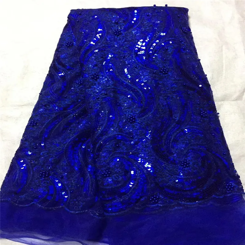 

Latest French Nigerian Laces Fabric Royal Blue High Quality Tulle African Laces Fabric Wedding African French Tulle beads Lace