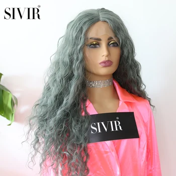 

Sivir Long Curly Green Gray Wigs Middle Part Synthetic Lace Front with Baby Hair Heat Resistant Hair Water Wave Wigs for Women