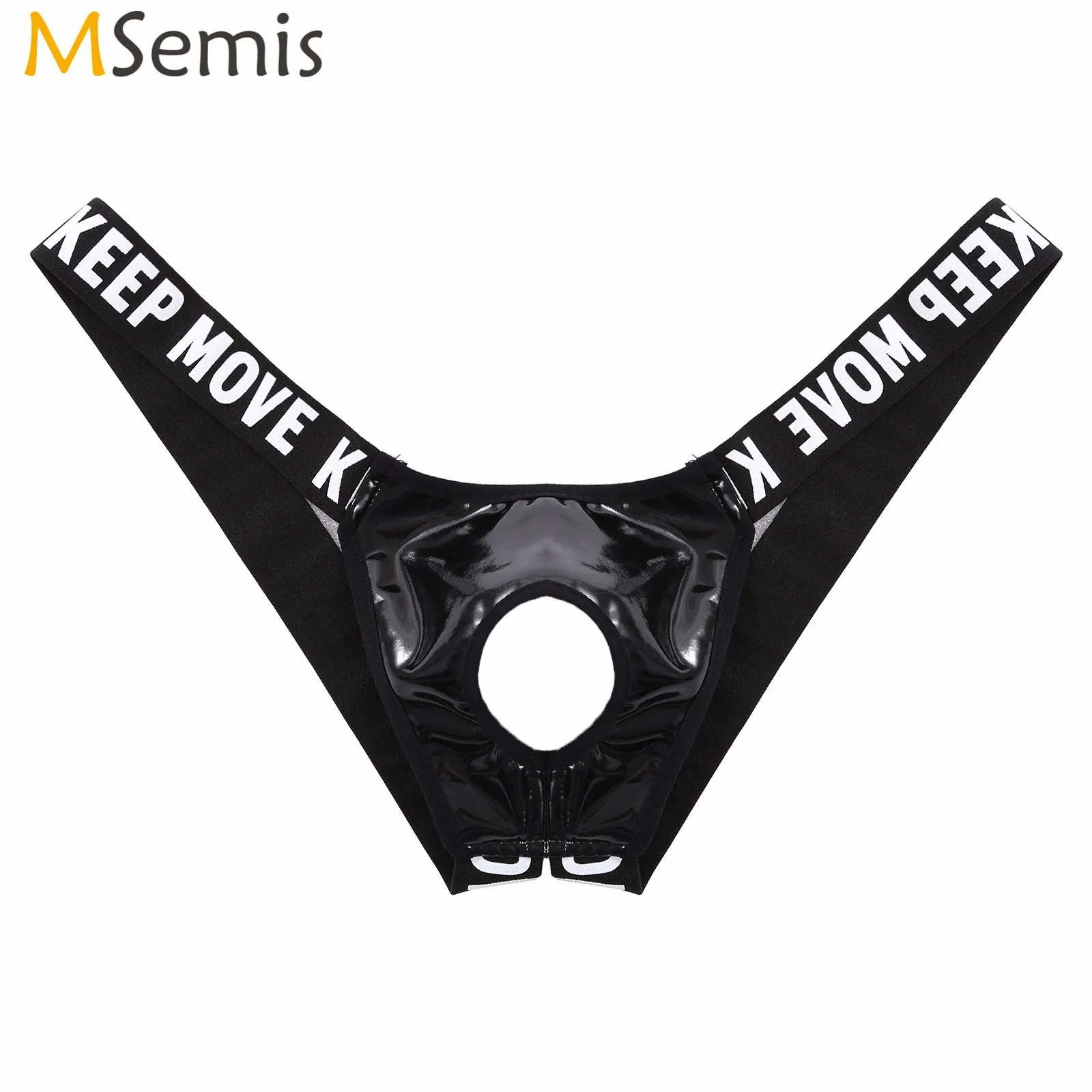 

Mens Lingerie Hollow Out Patent Leather Panties Bulge Pouch Front with Hole Jockstrap T-Back Waistband Open Butt Thong Underwear