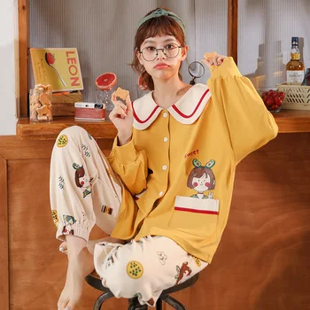 

Autumn Cotton Pajamas Set Long Sleeve Sleepwear 2PCS Shirt&pant Cute Print Cartoon Pijamas Suit Sleep Set Women Home Clothes
