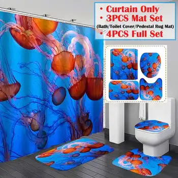 

4pcs Ocean Print Waterproof Bathroom Shower Curtain Toilet Cover Bath Mat Set Decor 3D Shower Curtain with 12 Hooks