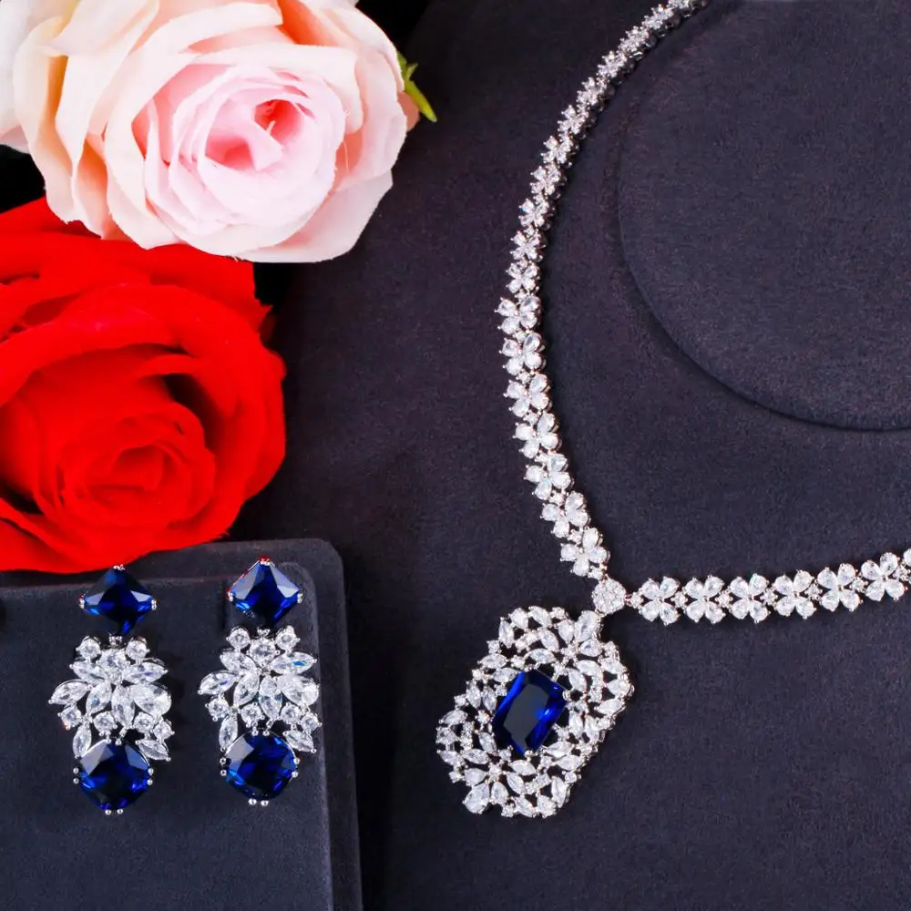 CWWZircons Shiny White Gold Color Royal Blue CZ Stone Women Luxury Wedding  Necklace and Earrings Jewelry Set for Brides T495 - AliExpress, image size:1000x1000