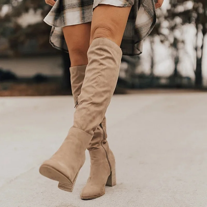 MoneRffi/сапоги; женские сапоги до колена; пикантная женская обувь на квадратном каблуке; зимние сапоги; теплые однотонные женские сапоги; botas mujer