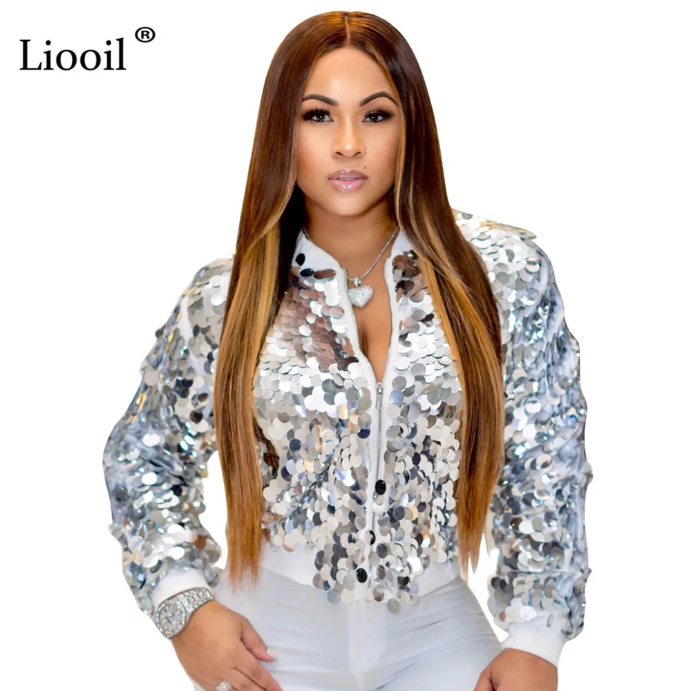 Liooil Silver Sequin Sexy Coats And Jackets Women Autumn Winter Streetwear Long Sleeve Zip Up Christmas Coat Female Outwear - Цвет: Серебристый