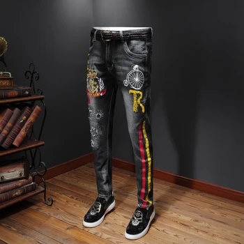 

Embroidered Letter Print Jeans Men Ripped Jeans Homme Designer Men's Classic Casual Denim Biker Pant Slim Fit Straight Trousers
