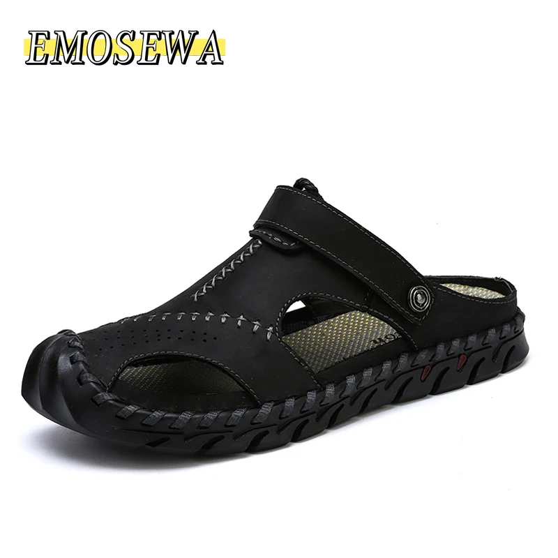 

EMOSEWA Brand Summer Man Beach Cork Slippers Casual Men Buckle Genuine Leather Cut-outs Clogs Slides Slip on Shoes Plus 38-48