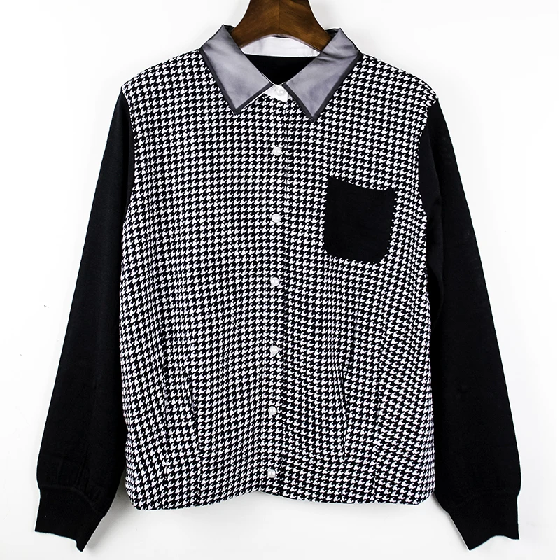 

2020 Spring Autumn Women Houndstooth Long Sleeves Turn Down Collar Knitted Tops Ladies Blouse Casual Elegant Vintage Shirts