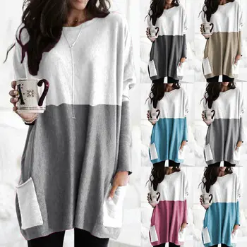 

2020 new round neck long sleeve stitching casual pocket T-shirt top women's clothing