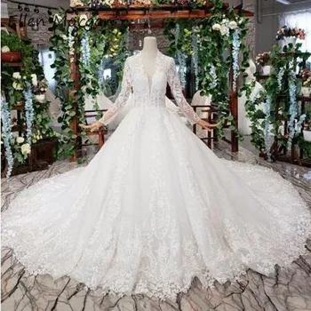 

Long Sleeves Lace Wedding Dresses Ball Gowns Elegant 2019 Backless High Neck Beading Tulle A line Vestidos De Novia Bridal Dress