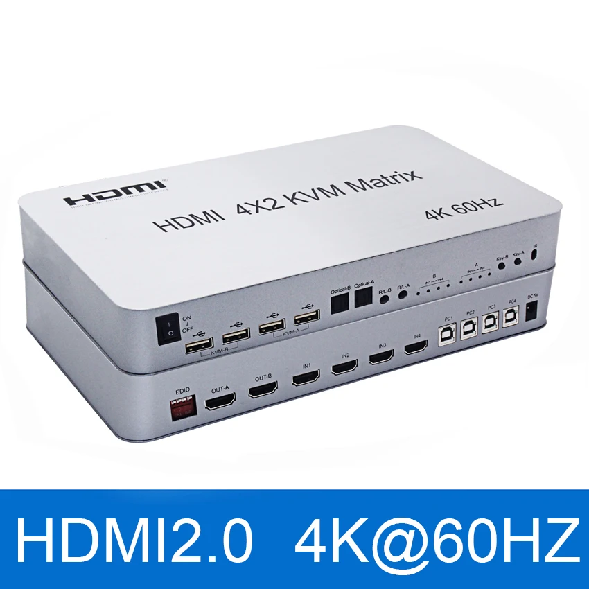 4 portas usb hdmi kvm matrix 4x2 duplo monitor 4k @ 60hz hdr switch divisor 4 em 2 para fora hdmi 2.0 switcher apoio teclado mouse
