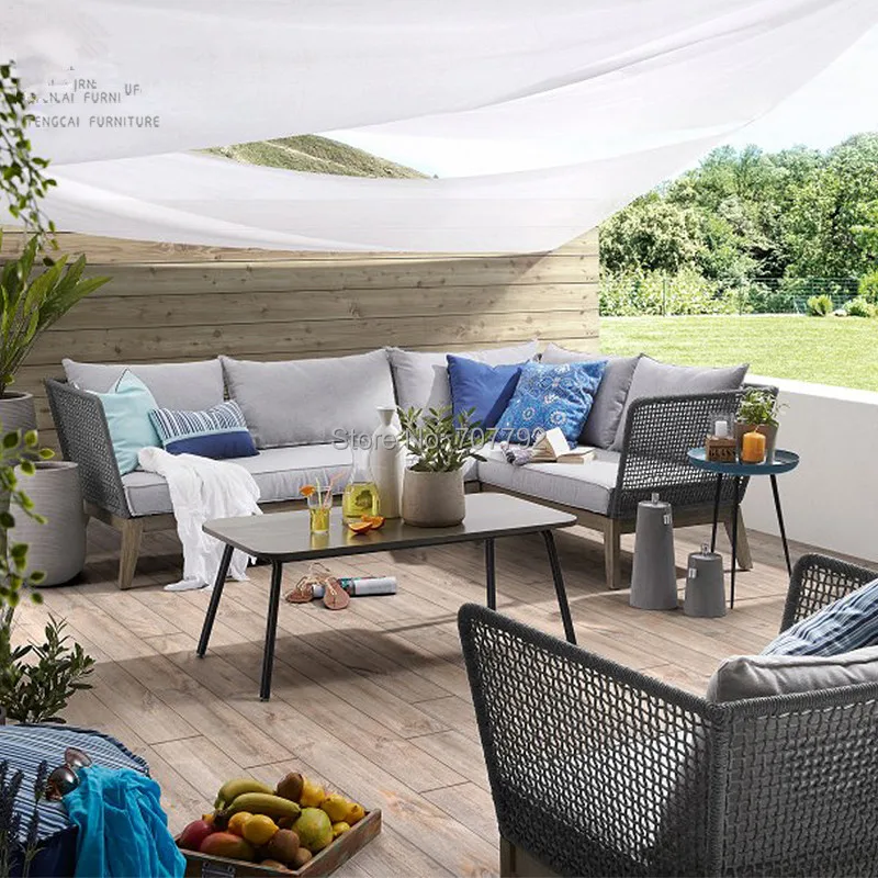 Веревочный патио проводной Плетеный садовый модульный L-образный диван набор