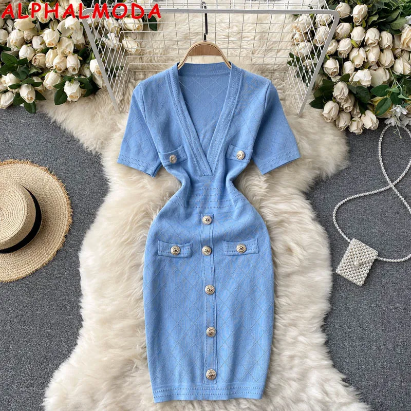 

ALPHALMODA 2021 V-neck Short Sleeve V-neck Button Details Women Elegant Knitting Dress Summer Above Knee Tight Step Dress