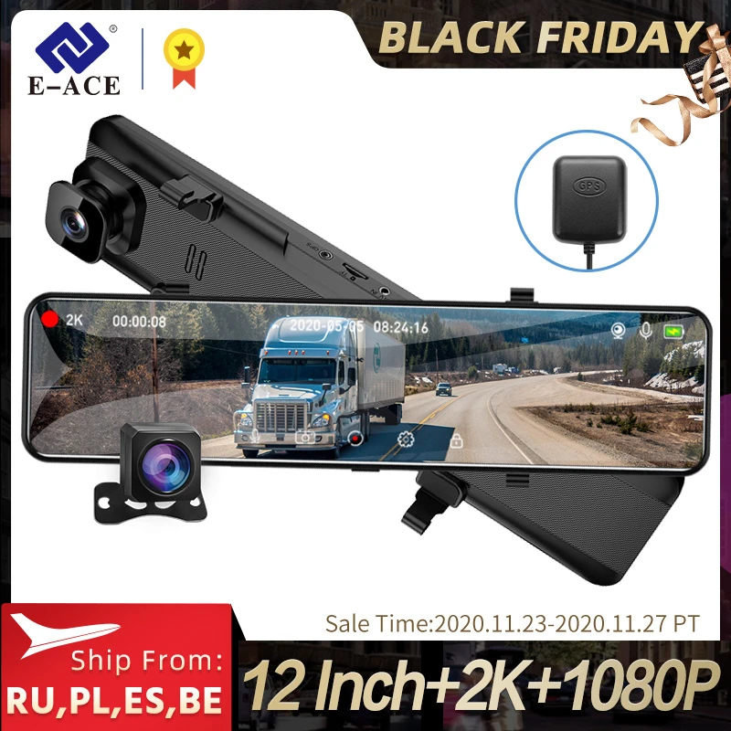 

E-ACE A46 2K Car Dash Camera Mirror 12 Inch Driving Recorder Night Vision Dashcam Sony IMX335 support GPS 1080P Rear Camera