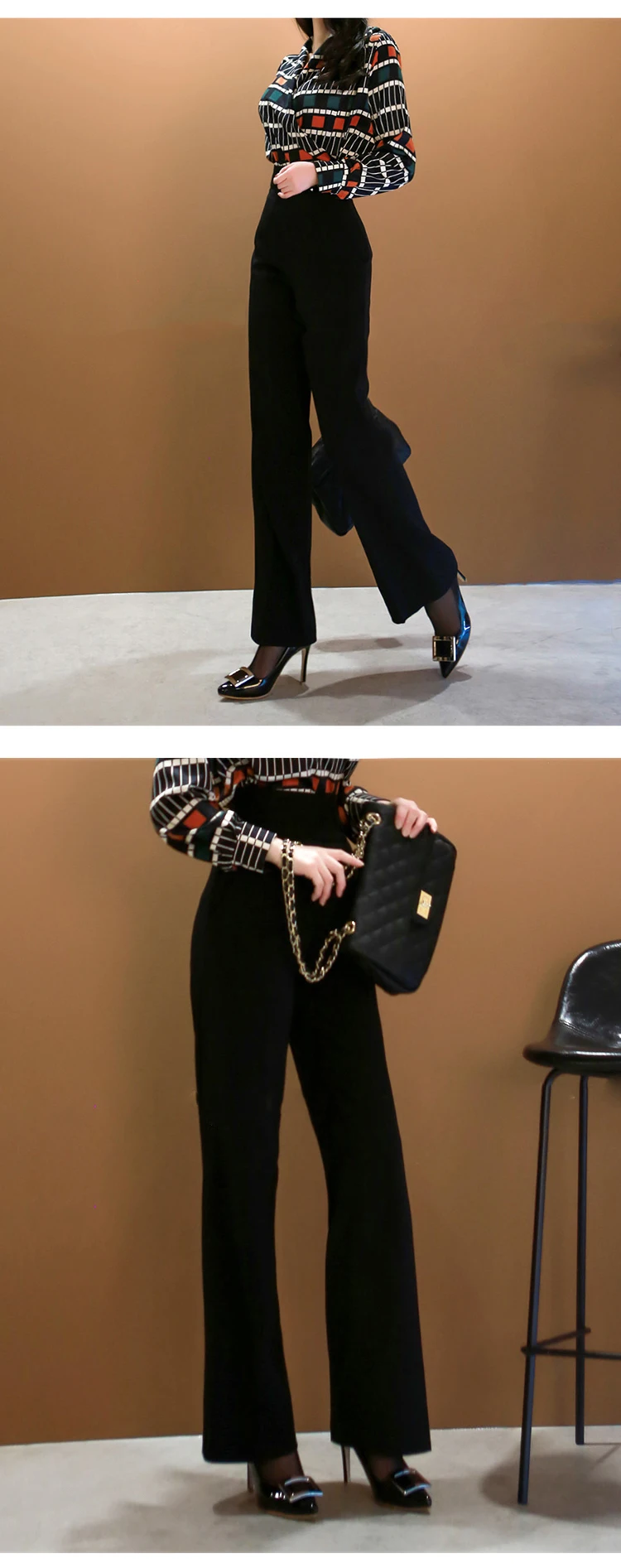 Модная Базовая рубашка свободного покроя с принтом и черные длинные штаны, Новое поступление, элегантный комплект из 2 предметов