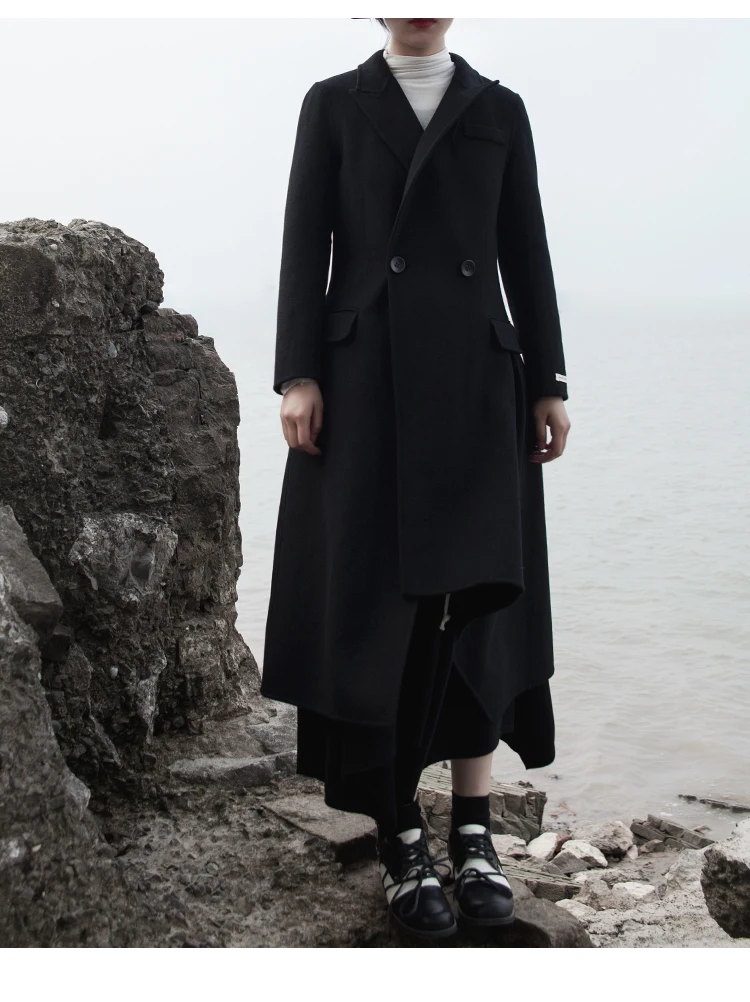 [EAM] свободное черное асимметричное двухстороннее шерстяное пальто, парки, новинка, длинный рукав, женская мода, Осень-зима 19A-a346