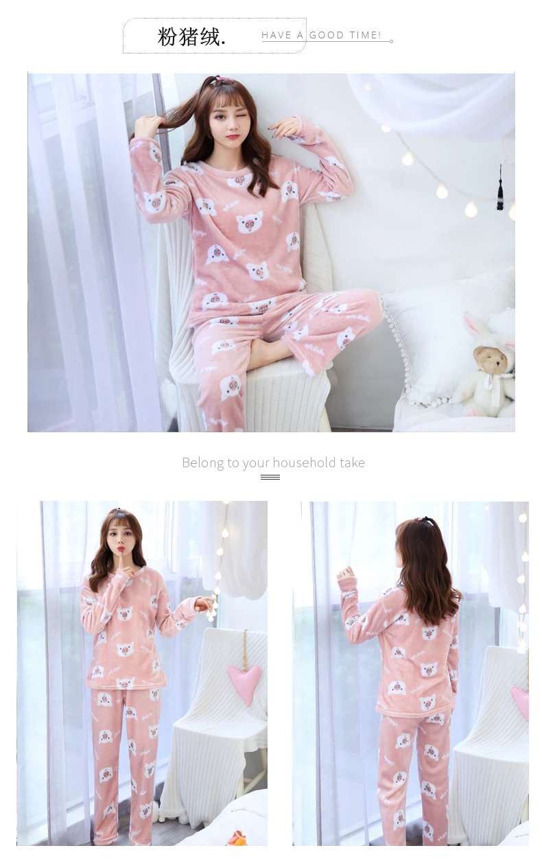 winter pyjamas Women Warm Flannel Pajama Set Thicken Girl Print pijama Long Sleeve Coral fleece Sleepwear Suit Women Nightshirt