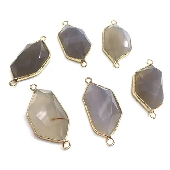 

New 1pc Natural Stone Irregular Shape Grey Stripe Agates Connector Pendant Golden Plated Charm Pendant for DIY Jewelry Making