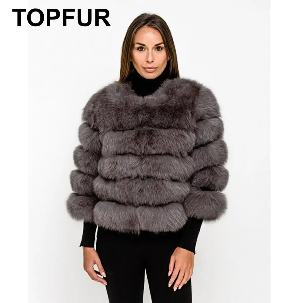 TOPFUR, новинка, модное зимнее короткое пальто, кожаная куртка, натуральный Лисий мех, натуральный мех, Женское пальто с рукавом три четверти, Manteau Femme
