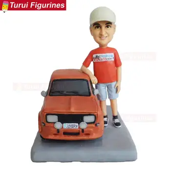 

Car model sculpture boy bobblehead birthday cake stands cake toppers polymer clay dolls