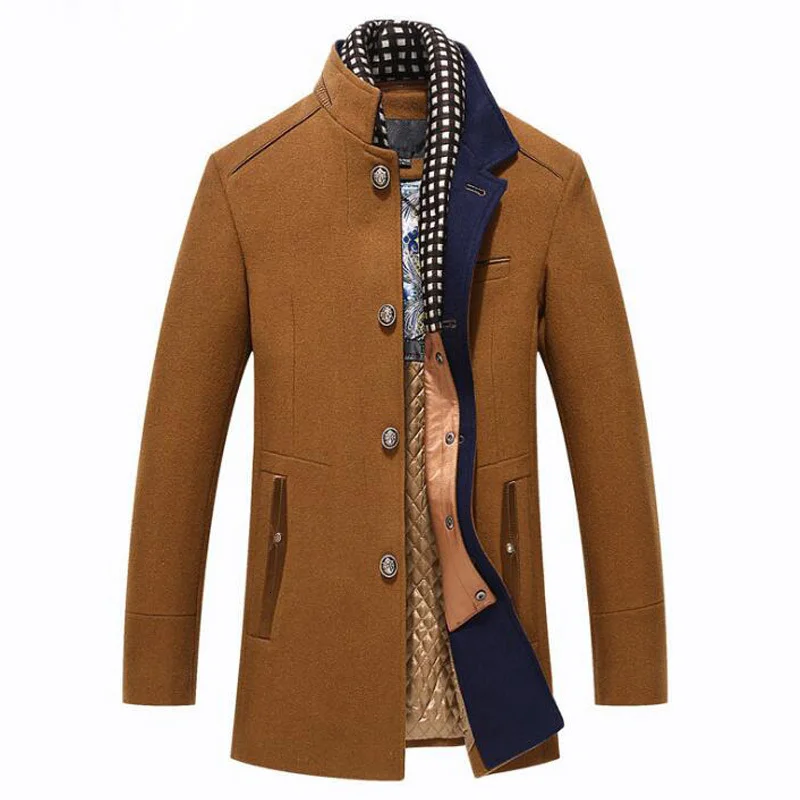 Шерстяное пальто, Мужская зимняя кашемировая куртка, Мужская Повседневная ветровка, длинный приталенный Тренч, пальто из толстой шерсти со съемным шарф плащи - Цвет: Camel