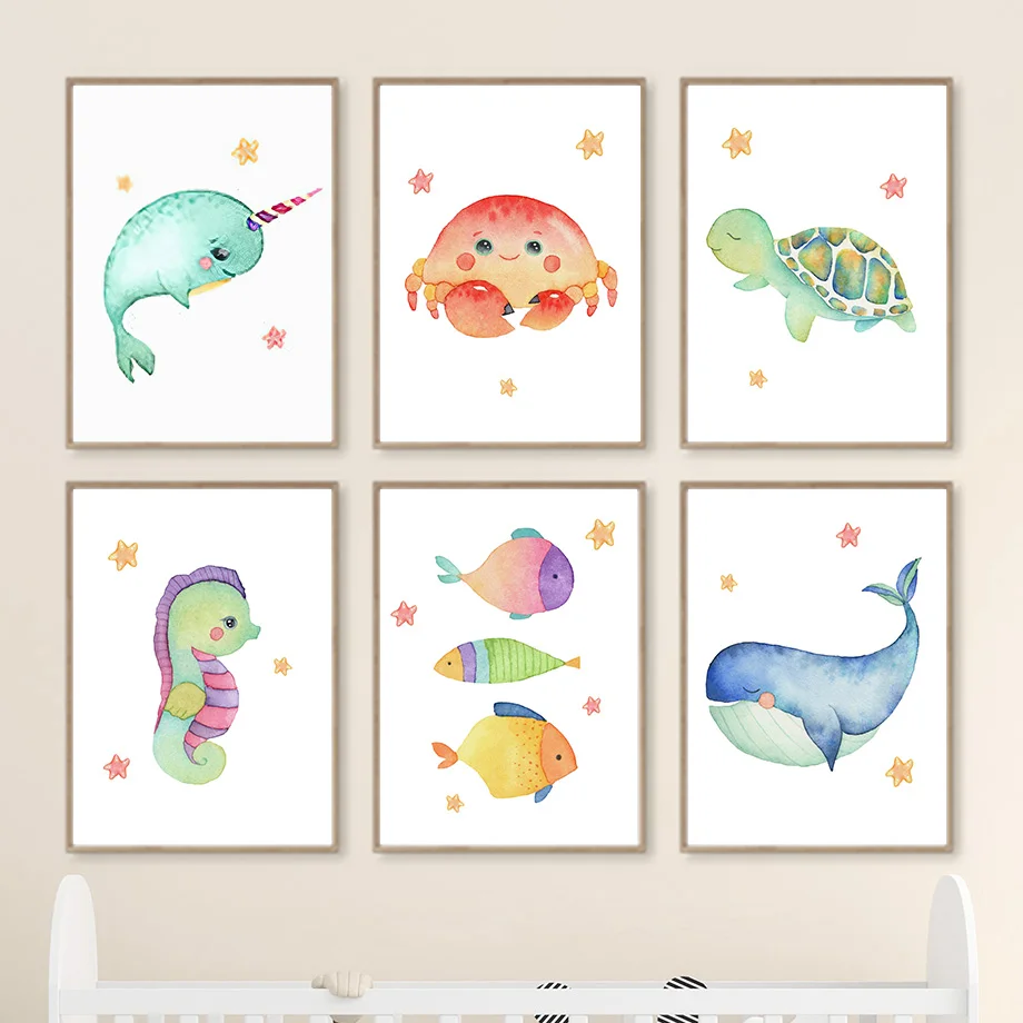 

Cute Sea Animals Whale Tortoise Seahorse Crab Nordic Posters And Prints Wall Art Canvas Painting Wall Pictures Kids Room Decor