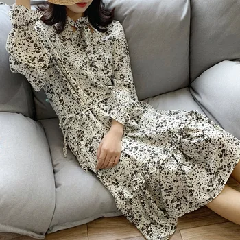 

2020 Summer New Arrive Women Casual Print Dress A-line Full Petal Sleeve Mid-calf Peter Pan Collar Bandage Loose Korean