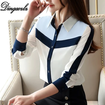 

Dingaozlz Blouse Shirt Korean fashion Women clothing Long Sleeve blouse Stitching Contrast color OL Chiffon Tops